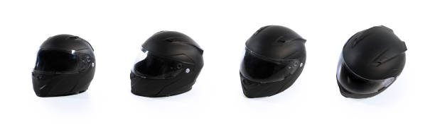 Helmet Black motorcycle helmet on a white background, back, side crash helmet stock pictures, royalty-free photos & images