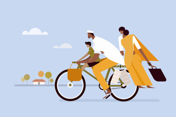 Illustration of a Indian family travelling on a bicycle Illustration of a Indian family travelling on a bicycle village maharashtra stock illustrations