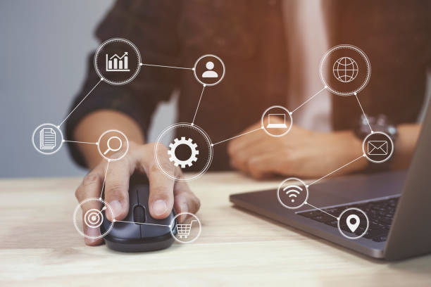istock Man hand working digital marketing media in virtual screen 1343132860