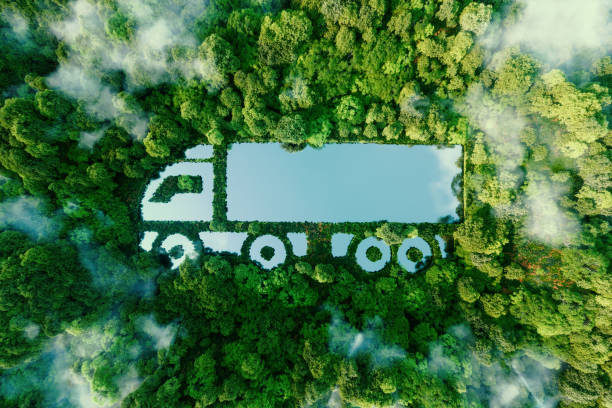 sebuah danau berbentuk truk di tengah-tengah alam murni, menggambarkan konsep transportasi bersih, bebas rumah kaca dalam bentuk propulsi listrik, hibrida atau hidrogen. rendering 3d. - sustainability potret stok, foto, & gambar bebas royalti