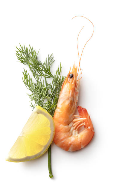 A close-up of freshly cooked langoustines, lemon and bread on a chopping board that an unrecognisable person is holding in Torridon, Scotland. They are ready to eat.