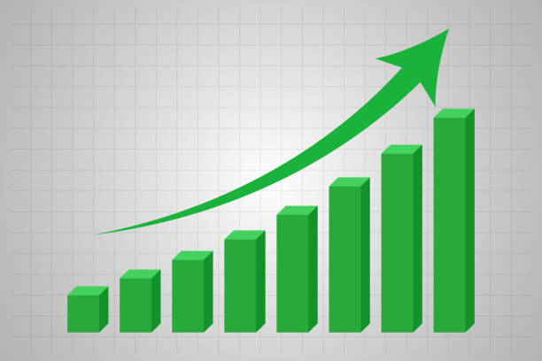 illustrazioni stock, clip art, cartoni animati e icone di tendenza di crescita del grafico a barre 3d e freccia su - growth graph chart three dimensional shape