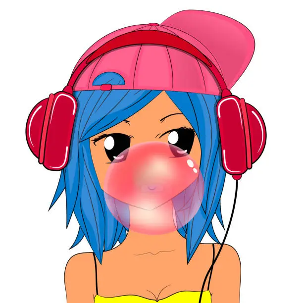 Vector illustration of Girl with headphones inflates gum. Vector illustration.