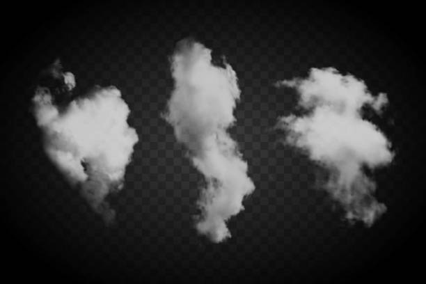 ilustrações, clipart, desenhos animados e ícones de conjunto de fumaça branca vetorial realista isolado em fundo preto transparente. coleta especial de efeitos de nebulosidade. nuvem de fumaça, neblina química, cheiro, neblina. - fumaça