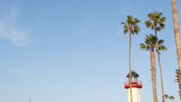 istock Lighthouse, palm trees and blue sky. Red and white beacon. Waterfront harbor village. California USA 1343149376