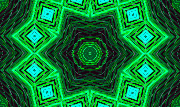 A dark background with a glowing green ornament in the shape of a stylized flower. Kaleidoscope pattern for design. stock photo