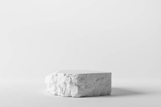 un objet en plaque brute en pierre blanche affiche un podium sur fond gris. rendu 3d - caillou photos et images de collection