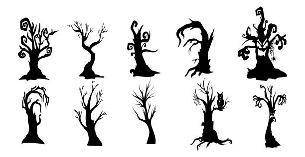 illustrations, cliparts, dessins animés et icônes de collection de 10 arbres d’halloween sombres sur fond blanc - vector - haunted house illustrations