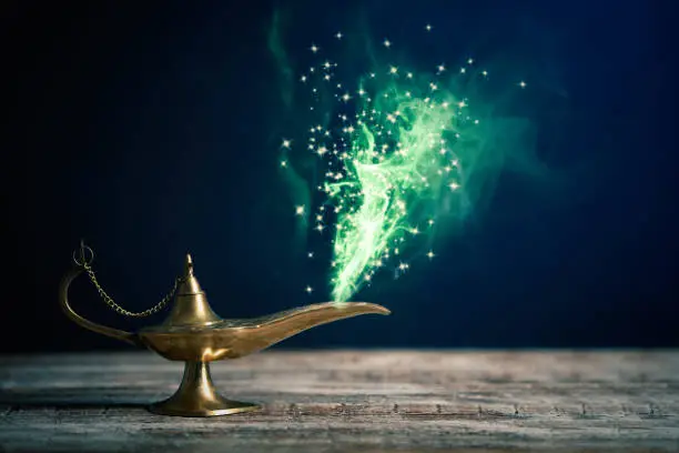 Genie appearing from magic lamp of wishes. Fairy tale