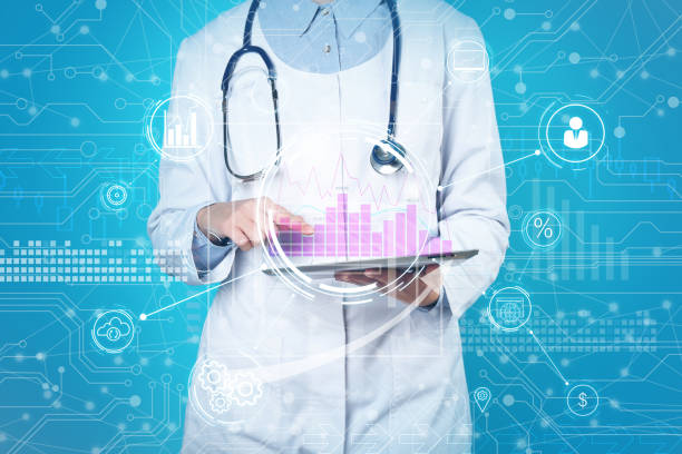 istock Double exposure of doctor using tablet and digital schemes. Machine learning concept 1343159373