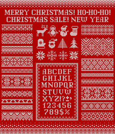 Knitted sweater patterns, elements, alphabet, and phrases for Christmas, New Year or winter design. Vector set. Scandinavian seamless ornaments, letters, frame, Santa, snowflake, deer, trees, etc.