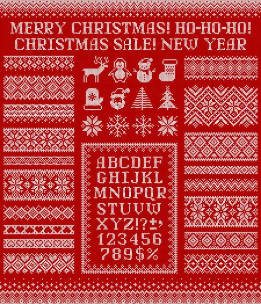 Vector illustration of Knitted sweater borders, elements and letters for Christmas design. Scandinavian ornaments.