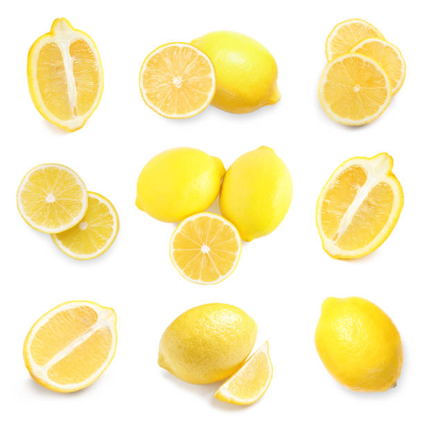 istock Set of delicious lemons on white background, top view 1343161776