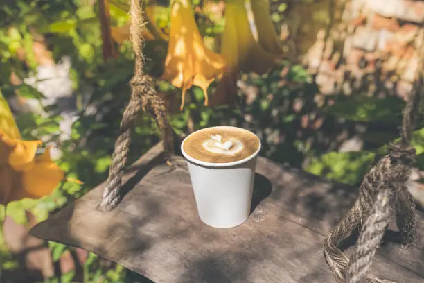 Takeaway coffee in a paper cup on a vintage wooden rope swing in coffee shop with outdoor space with eco-friendly garden. An Indian summer or warm sunny fall.