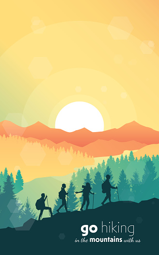 Travel concept of discovering, exploring, observing nature. Hiking tourism. Adventure. A team of friends climbs the mountains. Teamwork. Vector polygonal landscape illustration. Minimalist flat design