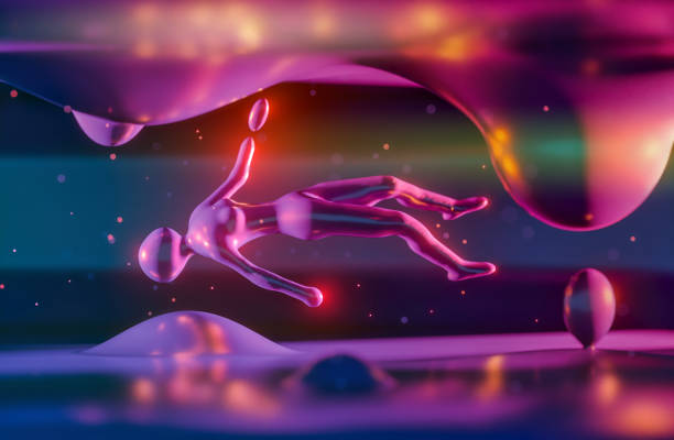 istock Two Formless Substance Layers Smoothly Flow Each Other In Horizontal Plane. Drops Forming Human Body Moves Between Surfaces. Abstract Three Dimensional Digitally Photo 1343165053