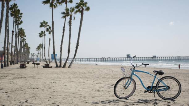 bicicleta de cruzador pela praia oceânica, costa da califórnia eua. ciclo de verão, cabana de salva-vidas e palmeira - venice califórnia - fotografias e filmes do acervo