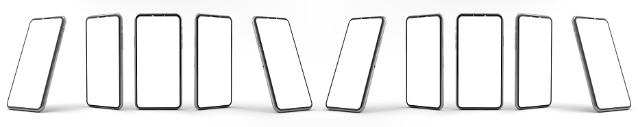 Renderizado 3D de maquetas Smartphones pantalla blanca en suelo blanco, teléfono móvil yaciendo en el suelo. La pantalla blanca de los teléfonos inteligentes se puede utilizar para publicidad comercial, aislado sobre fondo blanco. photo