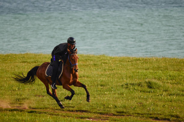 Man enjoying horseback riding by the lake