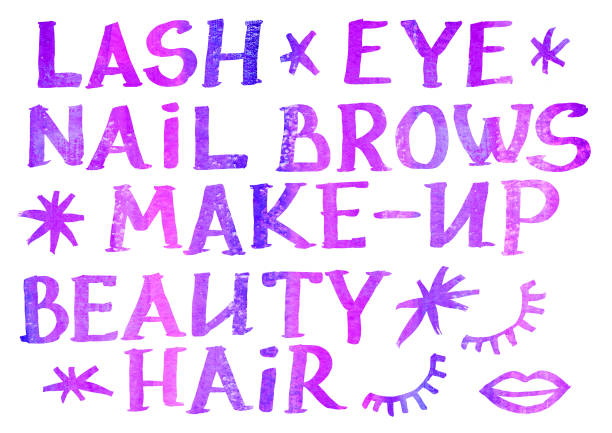 istock Watercolor Set of Makeup elements on a white background. Watercolors purple and violet gradient word. Lash, eye, nail, brows, Make-up, beauty, hair, lips, eyelash and snowflake 1343168950