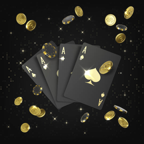 casino großes gewinnposter. schwarze 3d-spielkarten-asse und fallende goldmünzen und pokerchips. designelement für glücksspielbanner. vektor - 21 stock-grafiken, -clipart, -cartoons und -symbole