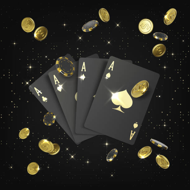 Casino big win poster. Black 3d playing cards aces and falling golden coin and poker chips. Design element for gambling banner. Vector Casino big win poster. Black 3d playing cards aces and falling golden coin and poker chips. Design element for gambling banner. Vector illustration casino stock illustrations