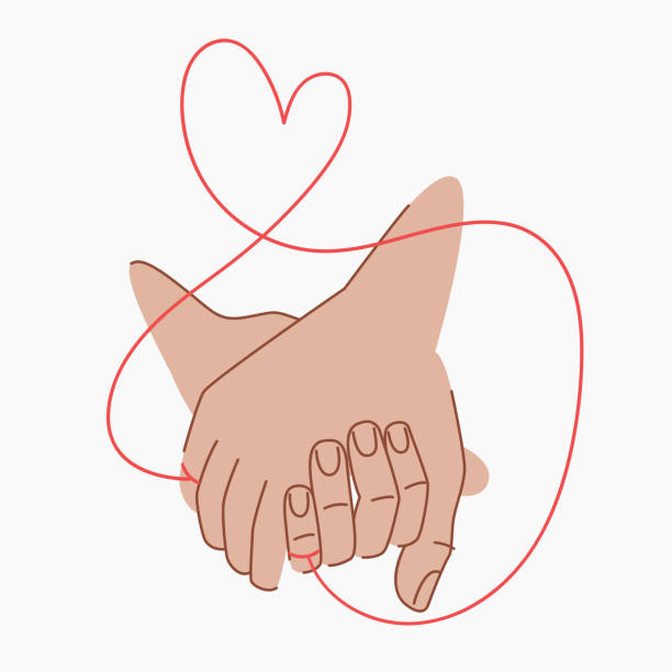ilustrações de stock, clip art, desenhos animados e ícones de red thread of fate that connects the hands of lovers. couple holding hands. red thread of fate in the shape of a heart. two hands are connected by a red string of fate. - fado