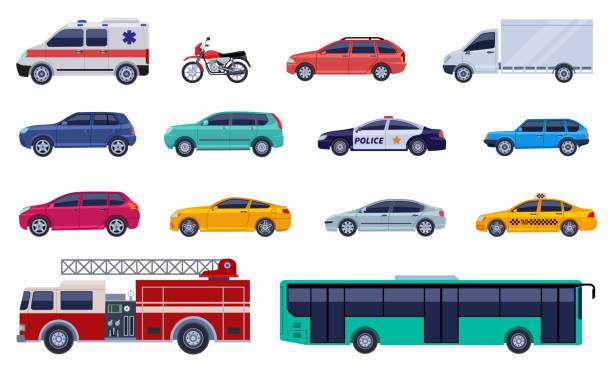 ilustrações de stock, clip art, desenhos animados e ícones de flat cars collection. auto design, car and bus objects. isolated smart vehicles, city public transport and taxi. transporting exact vector collection - commercial land vehicle illustrations