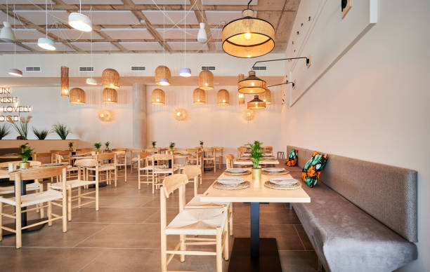 istock empty rustic design restaurant with wooden furniture 1343182423