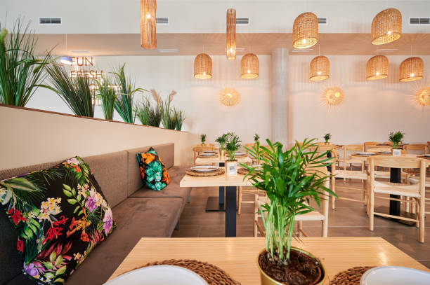 istock empty rustic design restaurant with wooden furniture 1343182449