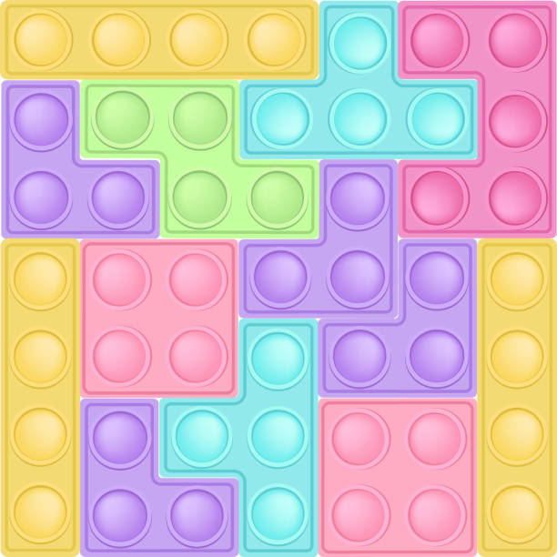 Background of popit game bricks - trendy silicon fidget toys. Antistress addictive toy for fidget in pastel colors. Bubble sensory developing popit for kids fingers. Cartoon vector illustration. Background of popit game bricks - trendy silicon fidget toys. Antistress addictive toy for fidget in pastel colors. Bubble sensory developing popit for kids fingers. Cartoon vector illustration block stacking video game stock illustrations
