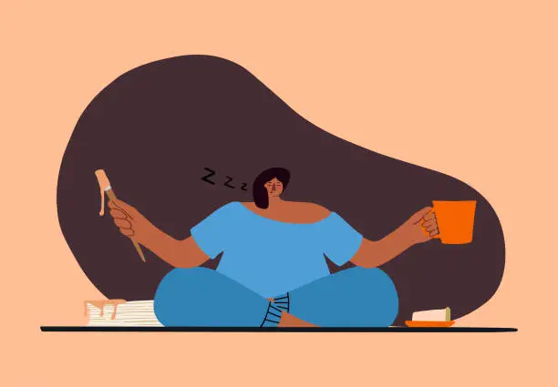 Vector illustration of dark skinned girl with black hair sits in the lotus position with brush and coffee cup and sleeps on peach colour with braun spot. Concept vector illustration in nature colors