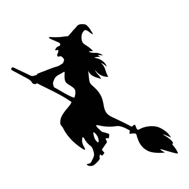 Vector illustration of Witch riding a broomstick. Vector black silhouette.
