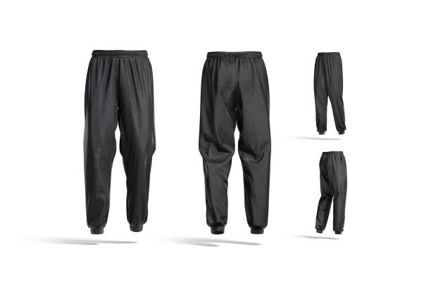 Blank black sport sweatpants mock up, different views Blank black sport sweatpants mock up, different views, 3d rendering. Empty textile fitness pants or joggers mockup, isolated. Clear male or female comfort trackies model template. tracksuit stock pictures, royalty-free photos & images