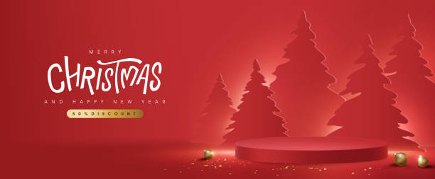 istock Merry Christmas banner with product display cylindrical shape and christmas tree paper cut 1343190016