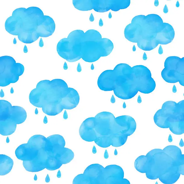 Vector illustration of Watercolor Hand Painted Rainy Clouds Seamless Pattern. Hand drawn vector background template for for baby shower invitation, greeting card, banner, poster, tag, label,  poster, business card and flyer.
