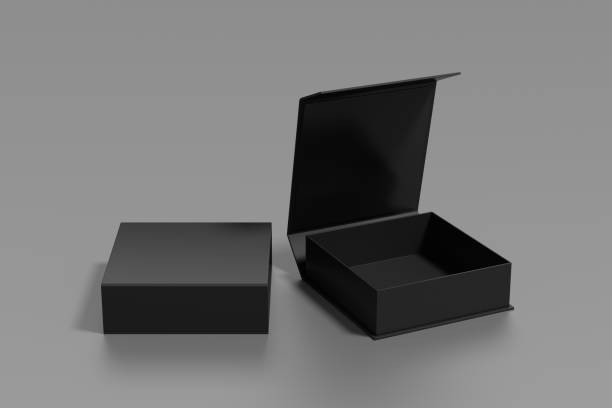istock Black opened and closed square folding gift box mock up on gray background. Front view. 1343193597