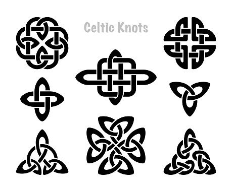 Celtic knots silhouettes. Irish knot symbols, celt three trintiy endless knotted shape vector icon, infinite spirit unity symbol, paganscircle tribal symbolism graphics isolated on white