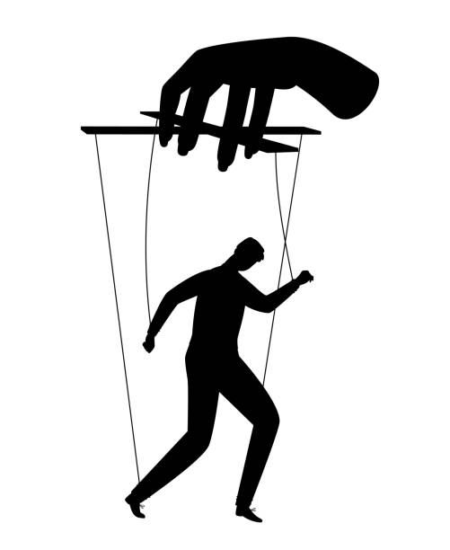 Businessman puppet. Human puppets control, puppeteer hands man marionette silhouette vector illustration, employee staff powers ropes concept, person doll on manipulator strings Businessman puppet. Human puppets control, puppeteer hands man marionette silhouette vector illustration, employee staff powers ropes concept, person doll on manipulator strings isolated on white marionette stock illustrations