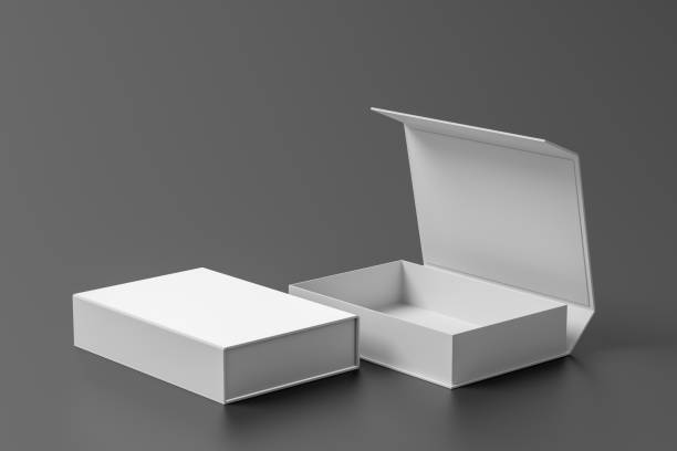 istock White opened and closed rectangle folding gift box mock up on gray background. Side view. 1343198362