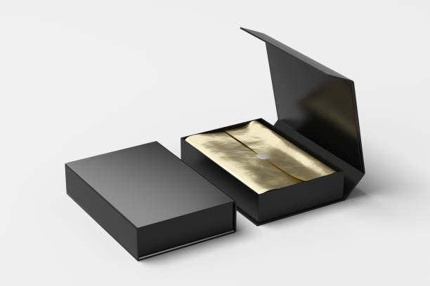 istock Black opened and closed rectangle folding gift box mock up with gold wrapping paper on white background. Side view. 1343198647