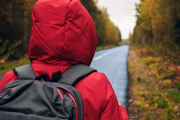 istock A woman with a backpack and a red jacket walks along the Forest Car Road 1343198889