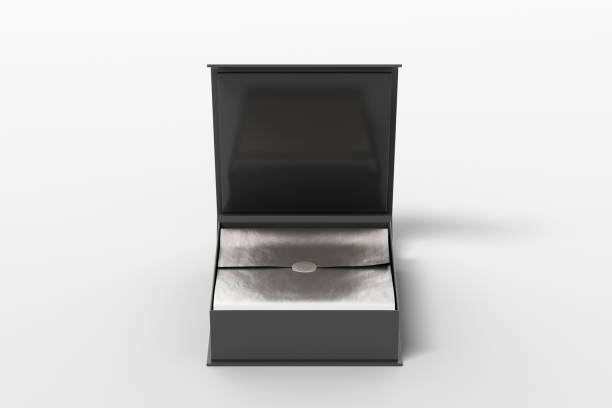 istock Black opened square folding gift box mock up with silver wrapping paper on white background. Front view. 1343199001