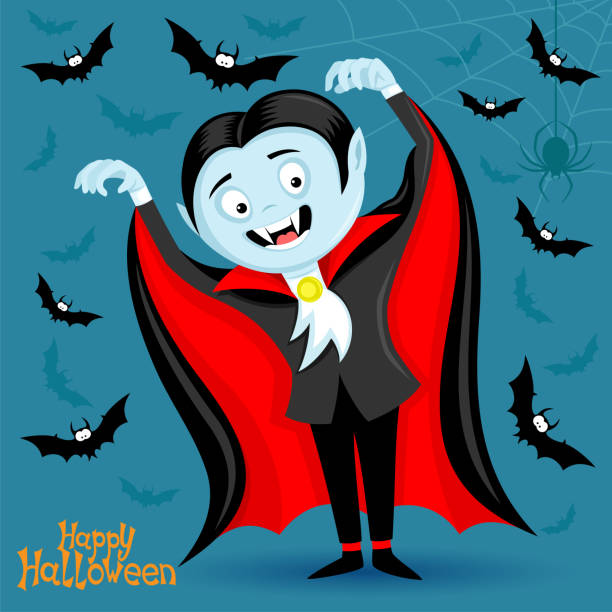 Vampire and bats on blue background. vector art illustration
