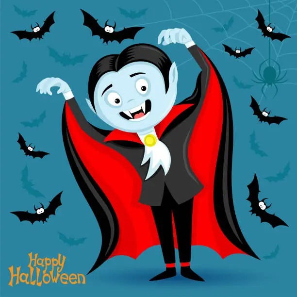 Vector illustration of Vampire and bats on blue background.