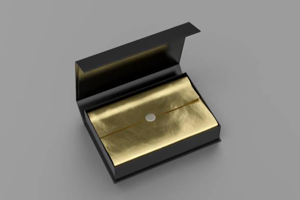istock Black opened rectangle folding gift box mock up with gold wrapping paper on gray background. View above. 1343199538