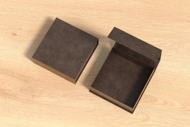 istock Leather opened and closed square folding gift box mock up on wooden background. View above. 1343200055