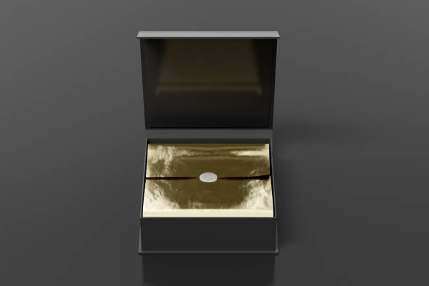 istock Black opened square folding gift box mock up with gold wrapping paper on black background. Front view. 1343201715