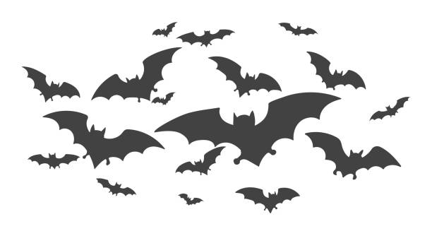 illustrazioni stock, clip art, cartoni animati e icone di tendenza di orribile stormo di pipistrelli - bat cartoon halloween wing