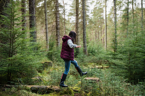 A mid adult woman wearing wellington boots, walking in Thrunton Woods, Northumberland. She is stepping onto a tree stump from a fallen log with her arms outstretched to balance herself.